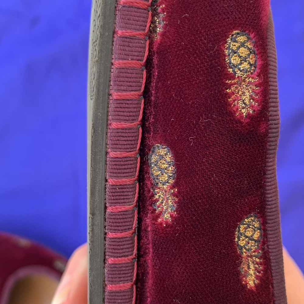 Aquazzura Maroon Velvet Embroidered Golden Pineapple Print Slip-On Ballet Flats - Picture 11 of 15
